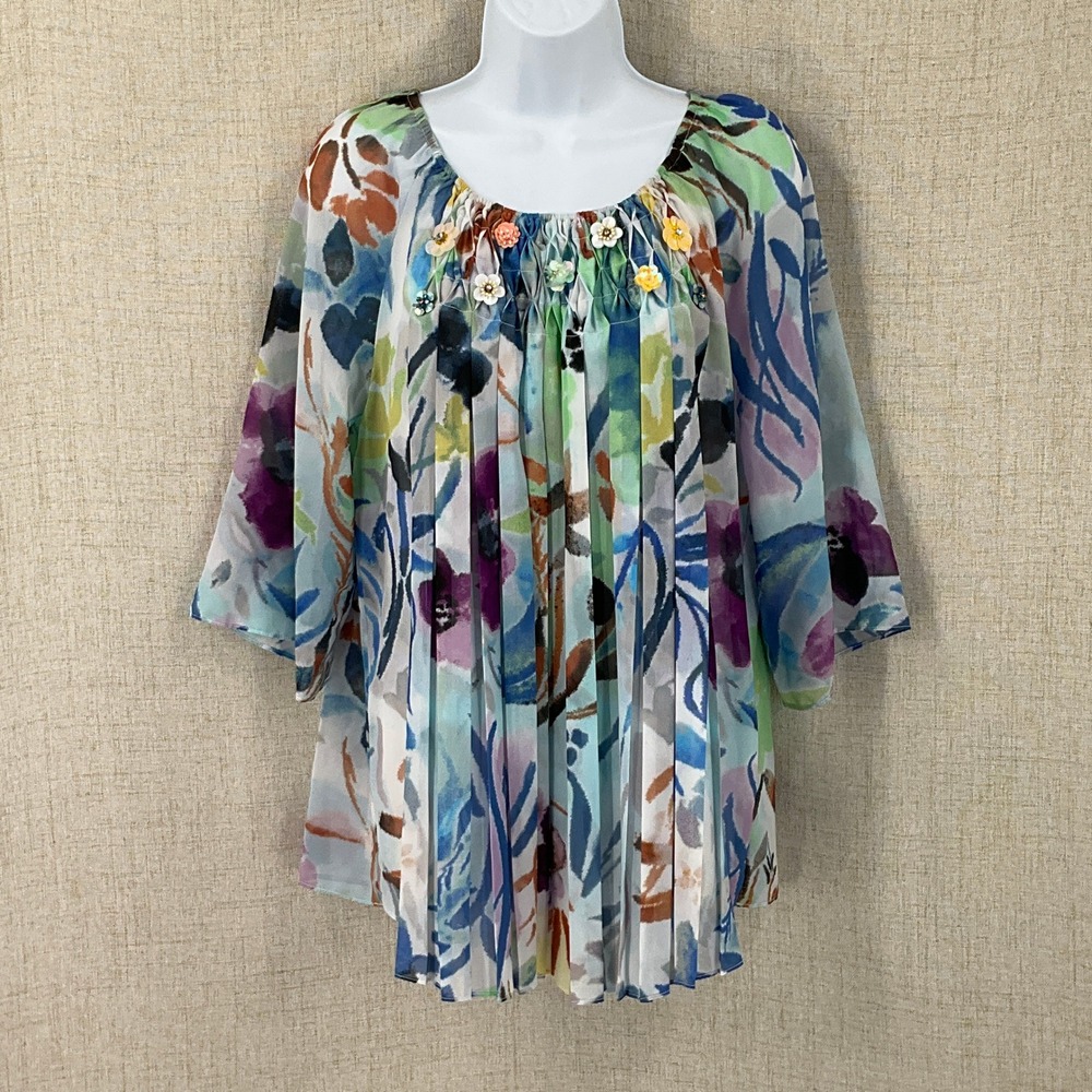Ali Miles Blouse Women L Multicolor Floral 3D Flower Beaded Boho Coastal Tunic